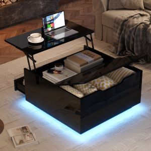 Mesa de centro elevable con LED y 1 cajón negro 38x70x70cm