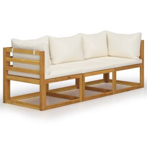 vidaXL sofá jardín 3 plazas con cojín madera maciza acacia color crema