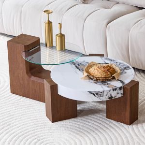 Mesa de centro redonda conjunto 2 piezas mdf nogal blanco 30x61x61cm