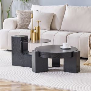 Mesa de centro con mesa auxiliar mdf y cristal gris negro 30x61x61cm
