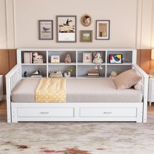 Canapé cama extensible 90/180x190cm con almacenaje y 2 cajones, blanco
