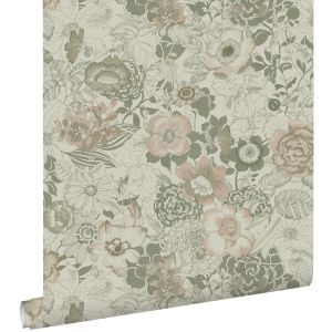 Estahome papel pintado flores vintage verde grisáceo 50 x 900 cm