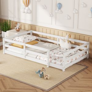 Cama montessori 140x200cm con barandilla 4 lados pino blanco