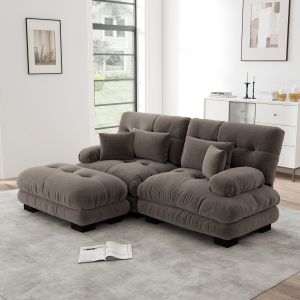 Sofá modular de chenilla marrón con otomana móvil y cojines para salón