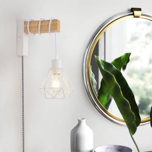 Aplique madera natural, jaula blanca, cable trenzado, enchufe E27