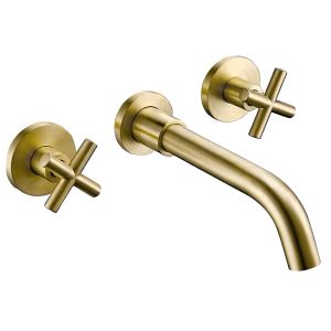 Valaz grifo de lavabo redondo bimando dorado cepillado caño de 21cm
