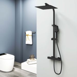 Aica columna ducha termostato 38℃  30x30cm (12") alcachofa grande negro