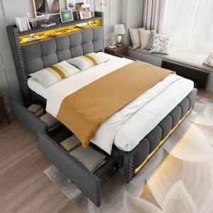 Cama doble tapizada con almacenaje 160x200cm gris