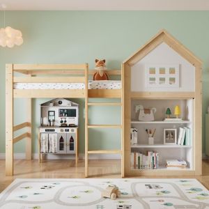 Cama alta infantil 90x200cm, almacenaje, cajones, escalera, blanco