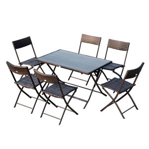 Conjunto de mesa sillas ratán acero, pe ratán, poliéster, ps color marrón