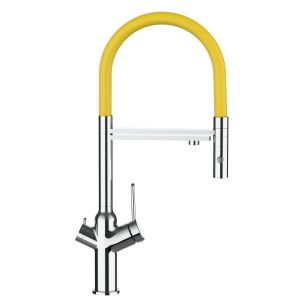 Grifo cocina 4 vías cromado BOD caño giratorio amarillo ducha 2chorros