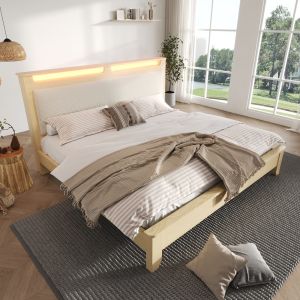 Cama doble 180x200 cm con LED y almacenaje madera y pana – beige