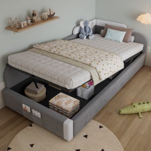 Cama tapizada 90x200cm con canapé hidráulico terciopelo blanco y gris