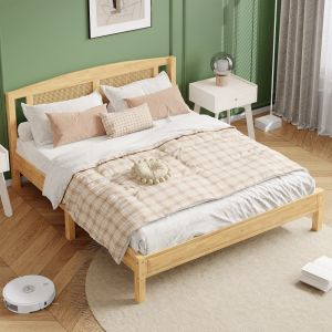 Cama doble 160x200 cm de madera y ratán con 15 lamas – color natural
