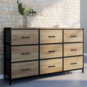 Cómoda industrial de 9 cajones de tela y madera negra 115 cm