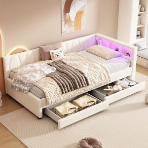 Sofá cama 90x200cm con LED, usb, estantes y 2 cajones lino – beige