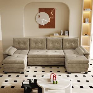 Sofá cama en u chenilla camel 4 plazas con usb