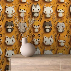 Papel baby animales diseño zorritos y gatitos fondo marron 60cm por 250cm