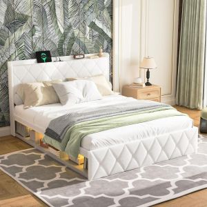 Cama doble tapizada con luces LED 140x200cm blanco