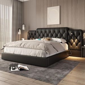 Cama baúl 160x200 cm terciopelo con LED usb luz lectura cabecero negro