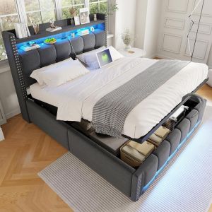 Cama doble tapizada con almacenamiento 140x200cm gris