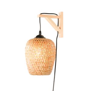 Aplique pared madera y mimbre con cable, interruptor y enchufe E27 "maya"