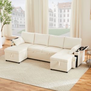 Sofá cama en u modular chenilla pana beige 4 plazas almacenaje portavasos