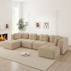 Sofá modular en u de pana beige con otomana antideslizante