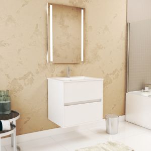 Pack mueble 60 cm blanco 2 cajones + lavabo + espejo LED doble