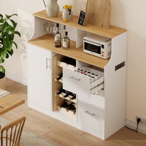 Aparador cocina bar botellero LED cajones blanco natural 121x120x40cm