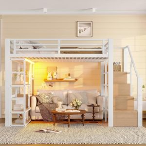Cama alta 140x200cm con LED, estantes, escalera y barrera, blanco