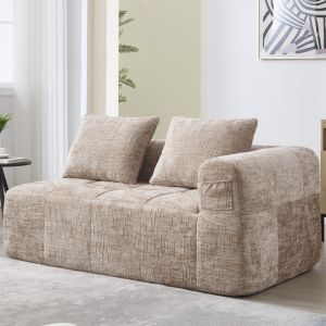 Sofá chaise longue 2 plazas en chenilla caqui con bolsillos laterales