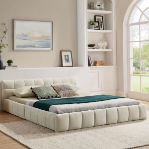 Cama tapizada 140x200cm con estructura resistente chenilla – beige
