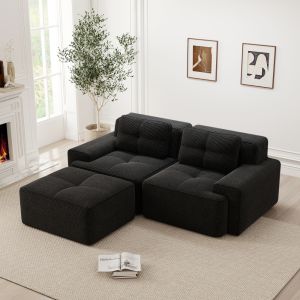 Sofá modular en l de pana negro 2 plazas con otomana y asiento profundo