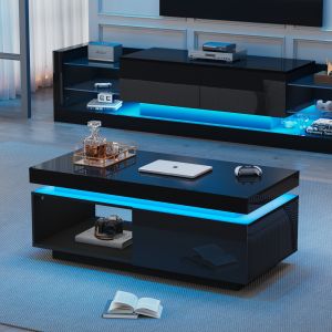 Mesa de centro con LED tablero de partículas negro 40,3x100x50cm