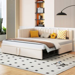 Cama nido 90/180x200cm con somier de láminas terciopelo – beige