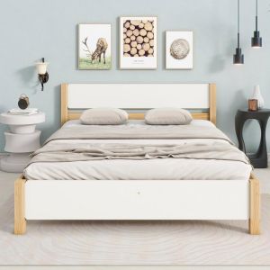 Cama doble 140x200 blanca madera con cabecero y 15 lamas