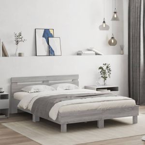 Cama cabecero y luces LED gris sonoma 140x200 cm