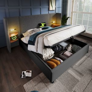 Cama con canapé 160x200cm con almacenaje y carga usb lino – gris