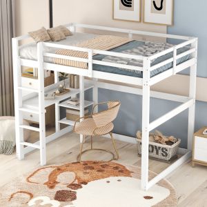 Litera 140x200cm con escritorio y 4 estantes pino y mdf – blanco