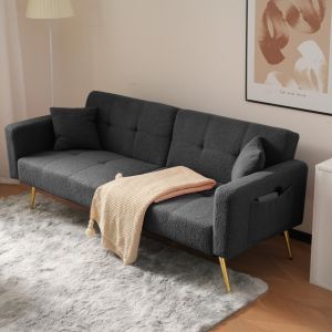 Sofá cama ajustable tela tipo borreguito gris antiguo 2 plazas bolsillos
