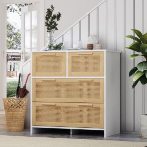 Cajonera con 4 cajones de ratán natural y blanco 80x80x38cm
