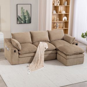 Sofá modular 3 plazas en pana caqui con reposapiés y bolsillos laterales