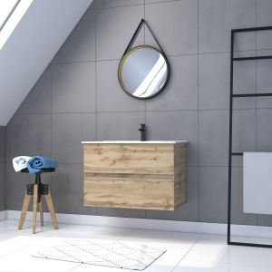 Mueble baño 80cm suspendido roble - lavabo blanco + espejo barbero