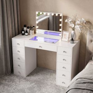 VANITII Tocador de maquillaje con luz espejo blanco 130 x 55 x 127 cm
