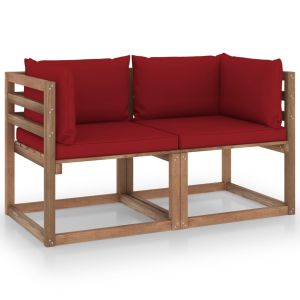 vidaXL sofá de jardín de palets de 2 plazas con cojines rojo tinto