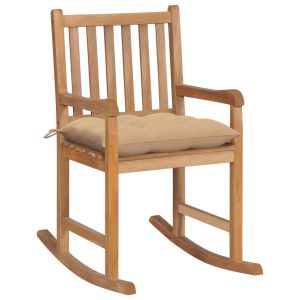 vidaXL silla mecedora de madera maciza de teca con cojín beige