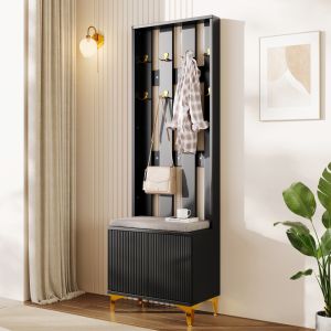 Mueble recibidor con banco y 1 puerta negro y dorado 181x61x35cm