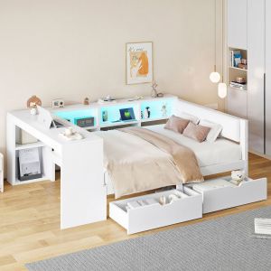 Cama multifuncional 140x200cm con cajones, LED y carga usb mdf – blanco