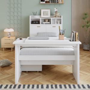 Cama 90x200cm blanca con almacenaje y mesa plegable